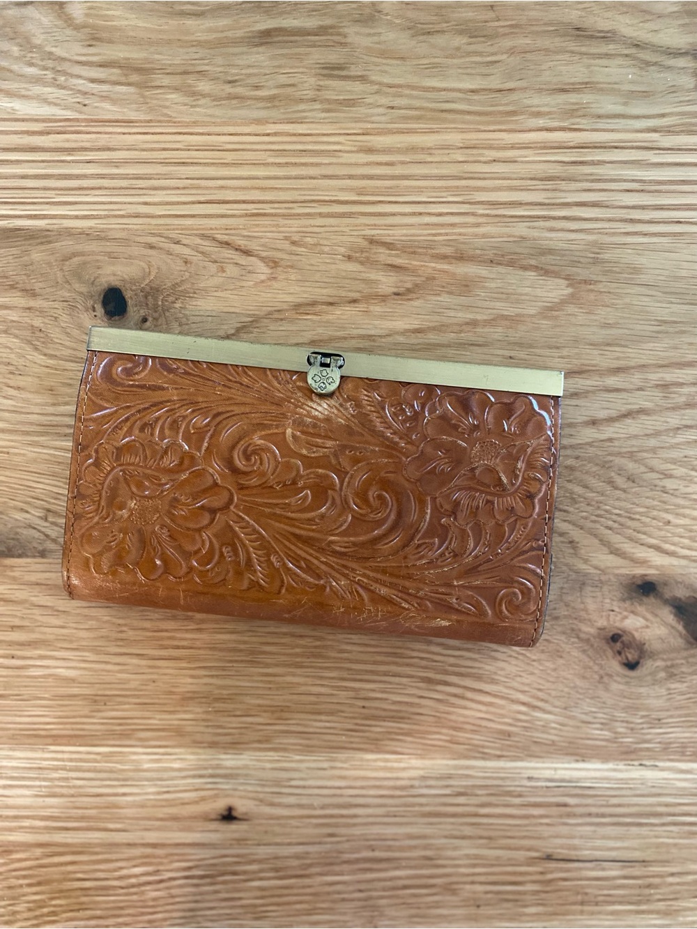 Vintage Tooled Leather Clutch Wallet in Cognac